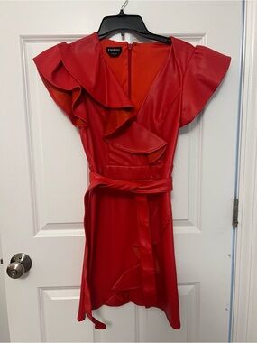 bebe Red Ruffle Faux-Leather Wrap Mini